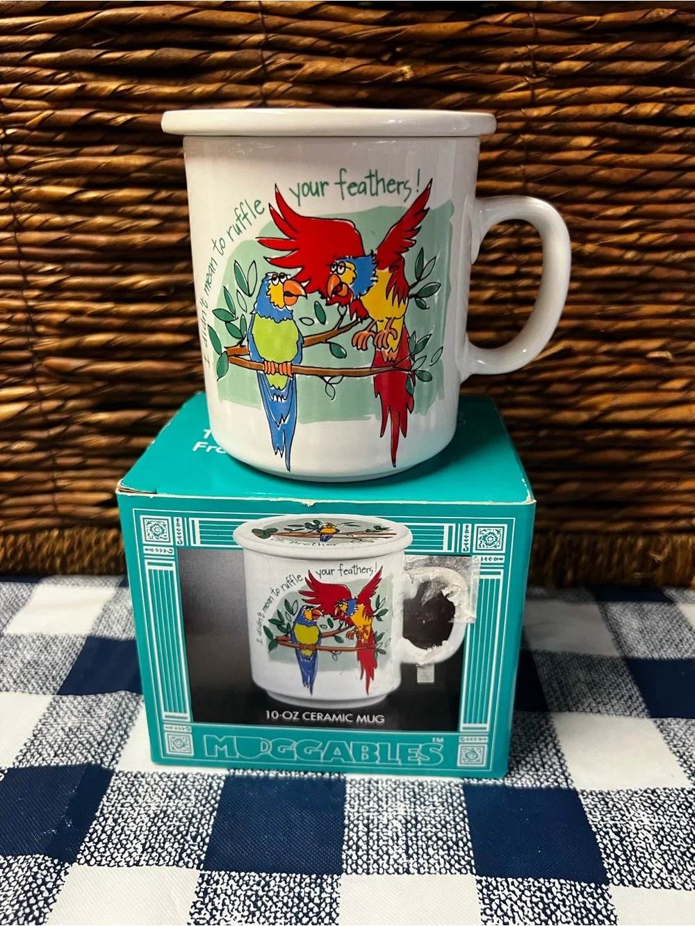 Vintage Muggables Parrot Coffee Mug with Lid & Original Box Ruffle Your Feathers